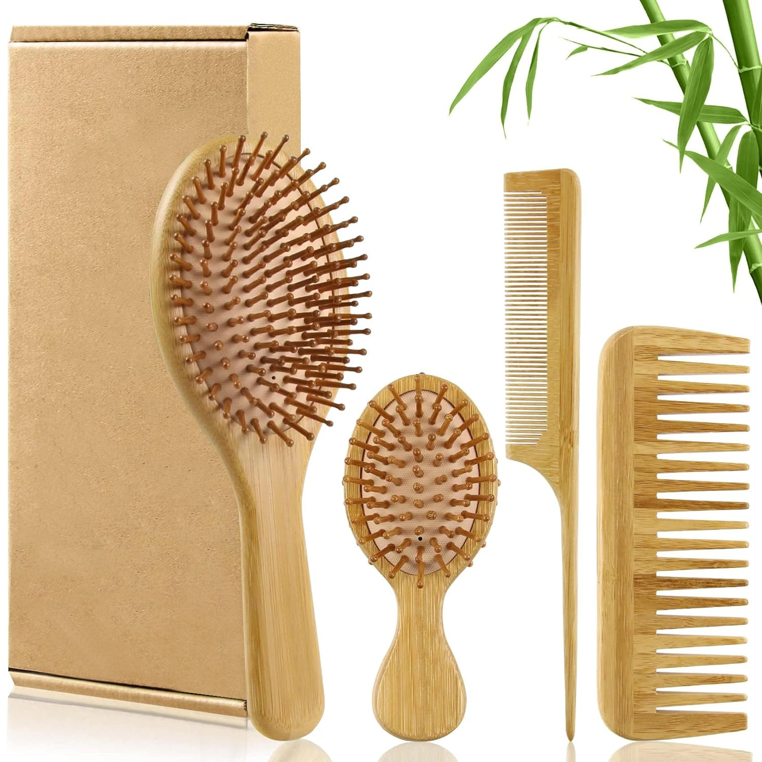 Detangling Wide Comb - مجموعة فرشاة ومشط شعر من الخيزران